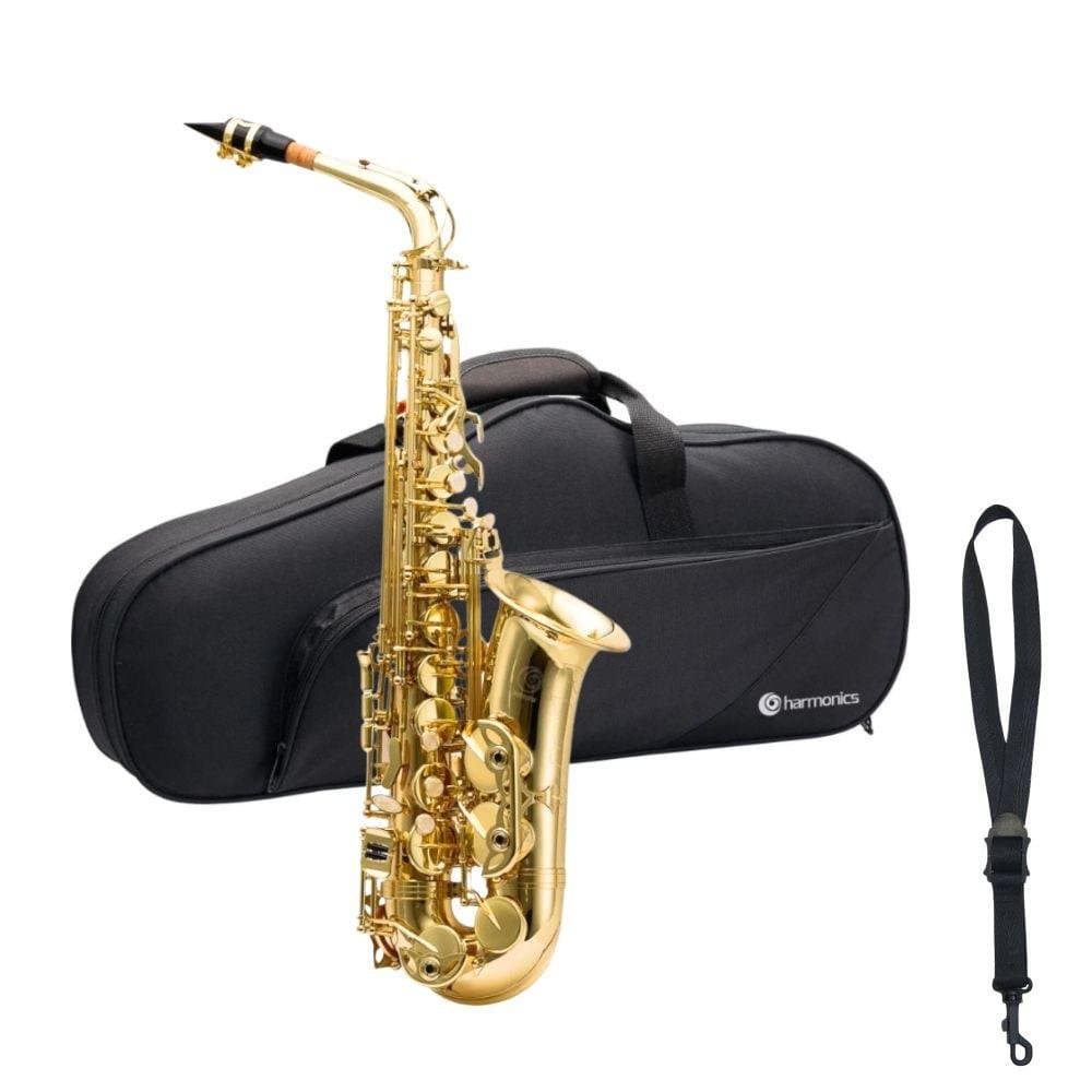 Harmonics HAS-200L Eb E Flat Alto Saxophone with Carrying Case, Strap, Gold Lacquer Finish for Beginners, Students