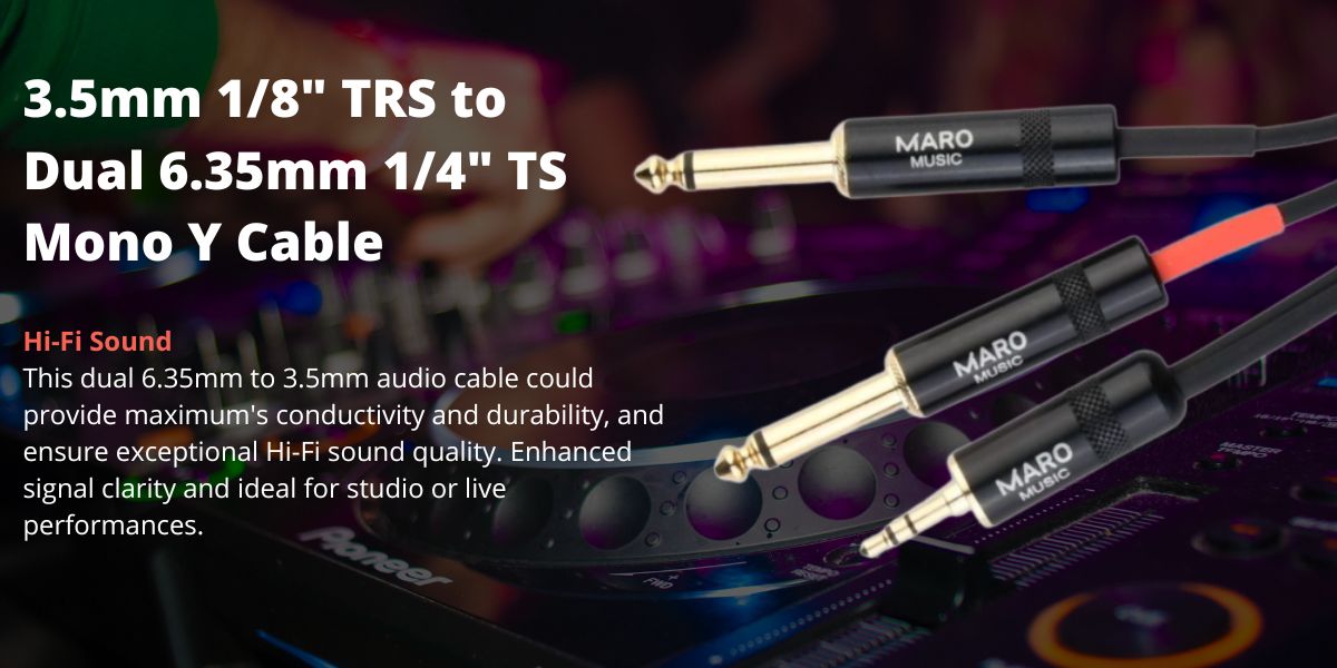 Maro Music 3.5mm 1/8" TRS to Dual 6.35mm 1/4" TS Mono Y Cable Splitter Cord for Computer, Laptop, Multimedia Speakers, 10ft