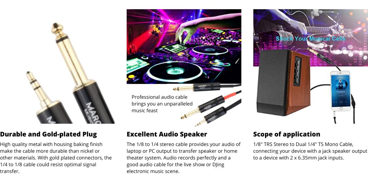 Maro Music 3.5mm 1/8" TRS to Dual 6.35mm 1/4" TS Mono Y Cable Splitter Cord for Computer, Laptop, Multimedia Speakers, 10ft