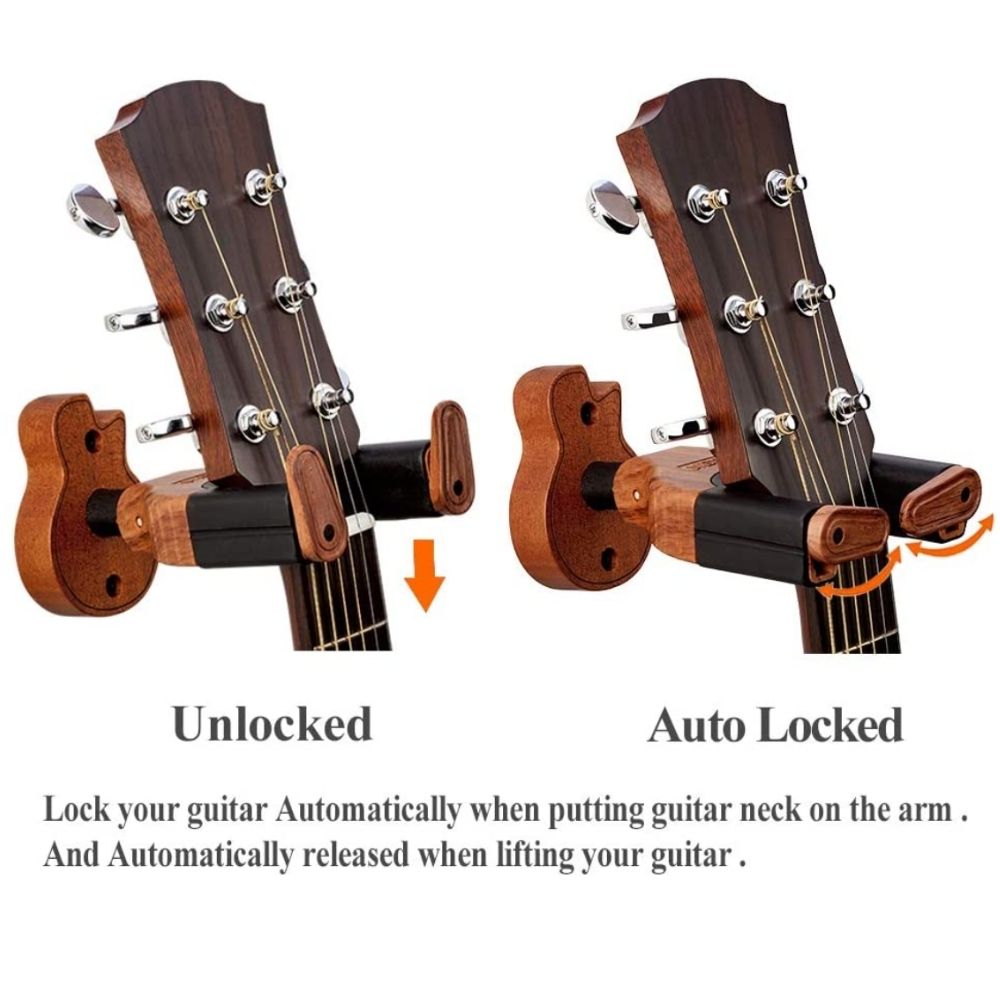 Maro Music Guitar Wall Mount, Solid Mahogany Wood Holder, Auto Lock, Hanger for Acoustic, Electric, Bass and Classical Guitars