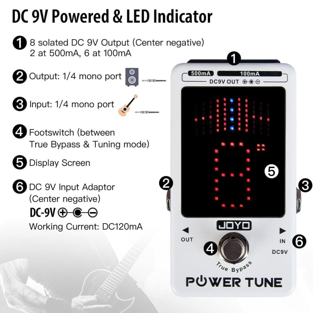 Joyo JF-18R Power Tune Tuner Pedal True Bypass with 8 Isolated DC 9V Outputs Power Supply for Guitar, Bass, and Effect Pedals