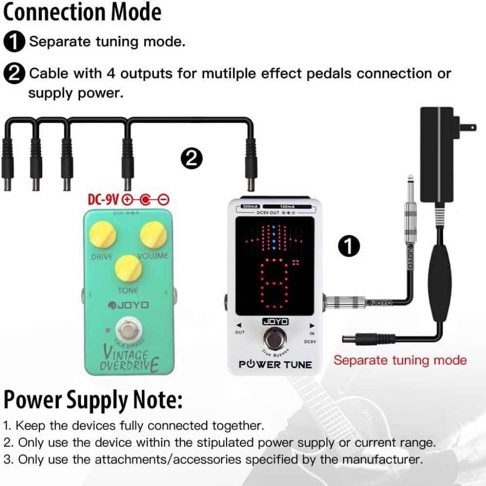 Joyo JF-18R Power Tune Tuner Pedal True Bypass with 8 Isolated DC 9V Outputs Power Supply for Guitar, Bass, and Effect Pedals