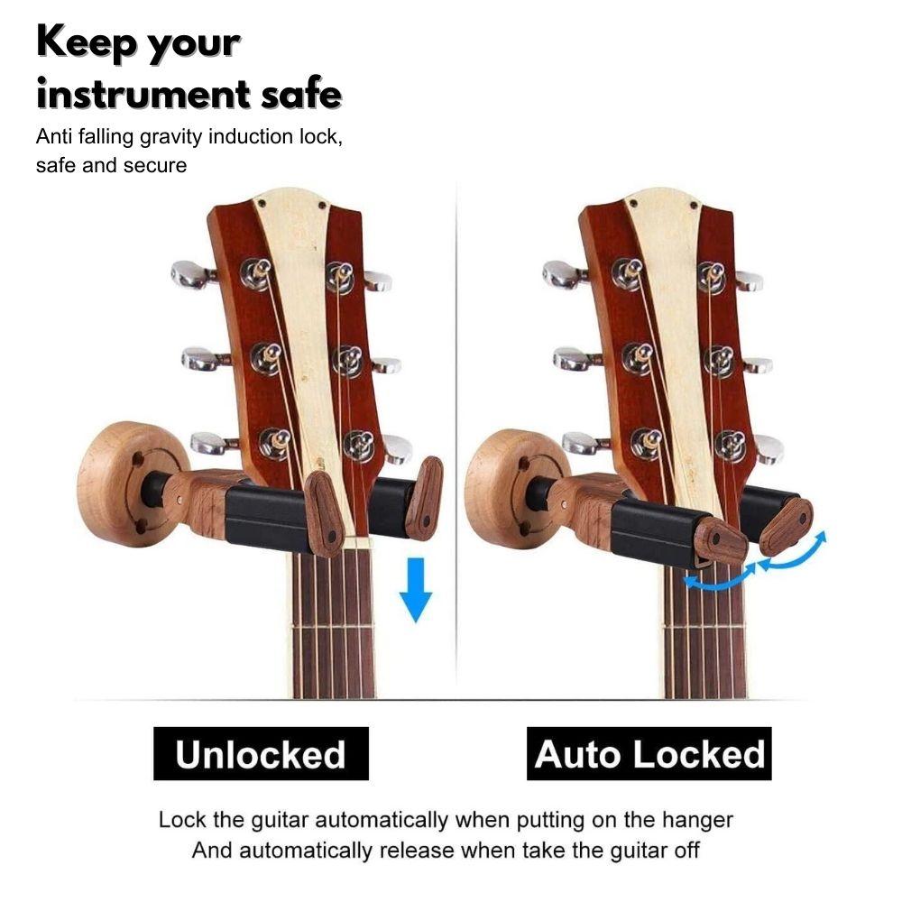 Maro Music Guitar Wall Mount, Solid Mahogany Wood Holder, Auto Lock, Hanger for Acoustic, Electric, Bass and Classical Guitars