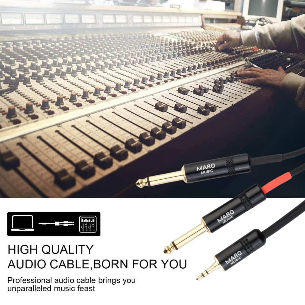 Maro Music 3.5mm 1/8" TRS to Dual 6.35mm 1/4" TS Mono Y Cable Splitter Cord for Computer, Laptop, Multimedia Speakers, 10ft
