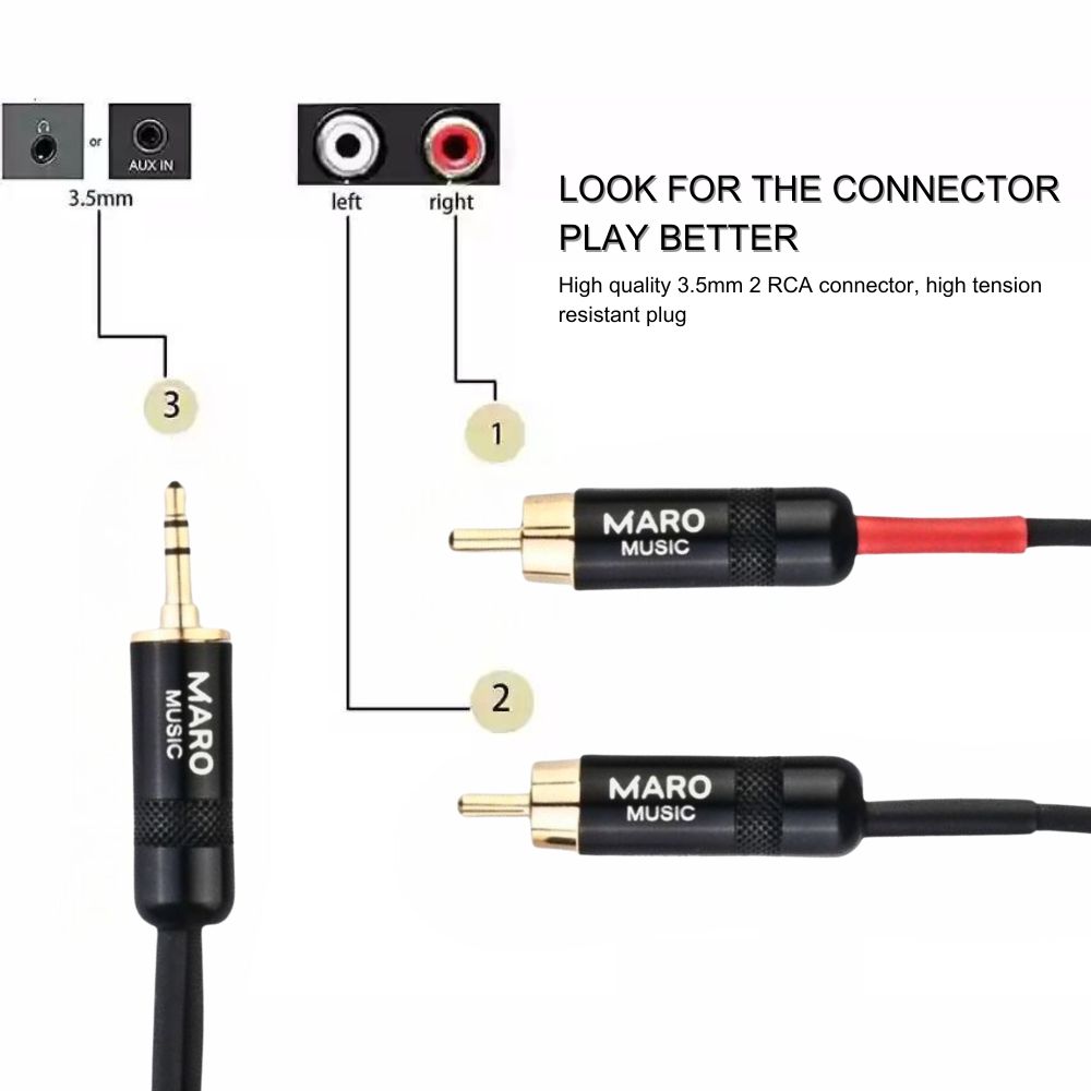 Maro Music 3.5mm to 2 RCA Male Adapter Audio Stereo Cable Y Splitter Aux Headphone Jack 2RCA for Subwoofer, Speakers, 10ft