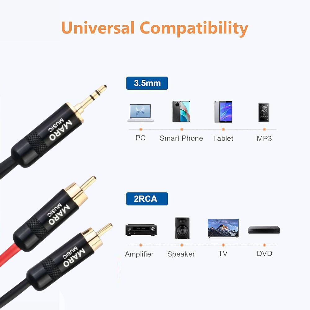 Maro Music 3.5mm to 2 RCA Male Adapter Audio Stereo Cable Y Splitter Aux Headphone Jack 2RCA for Subwoofer, Speakers, 10ft